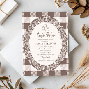 Neutral Cafe Bebe Buffalo Check Baby Shower Brunch Invitation