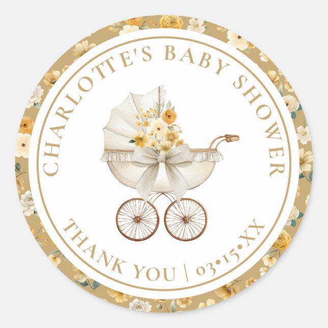 Neutral Carriage Floral Baby Shower Sticker (Front)