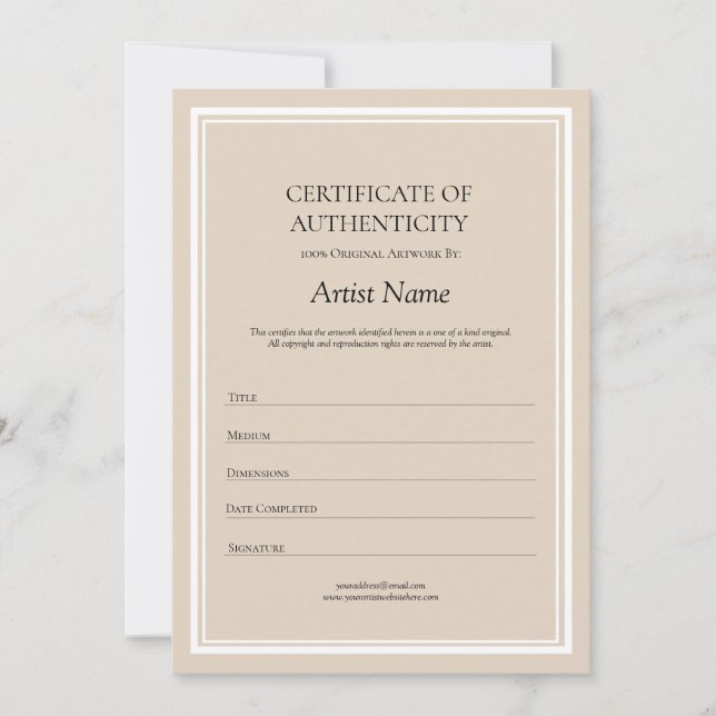 Neutral Certificate of Authenticity for Art Thank You Card (Front)