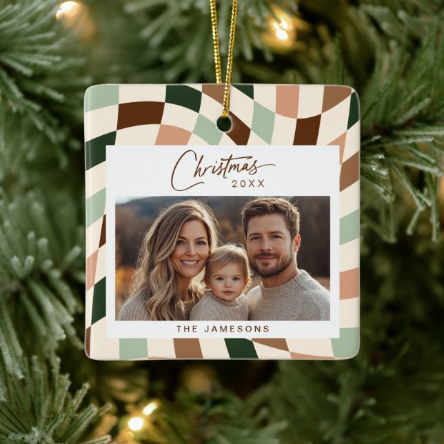 Neutral Chequered Photo Christmas Ceramic Ornament (Tree)
