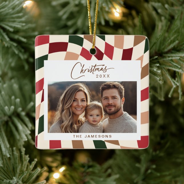 Neutral Chequered Photo Christmas Ceramic Ornament (Tree)