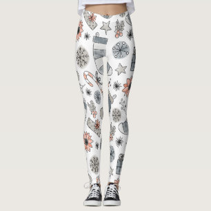 Neutral Christmas Leggings with Hand-Drawn Pattern