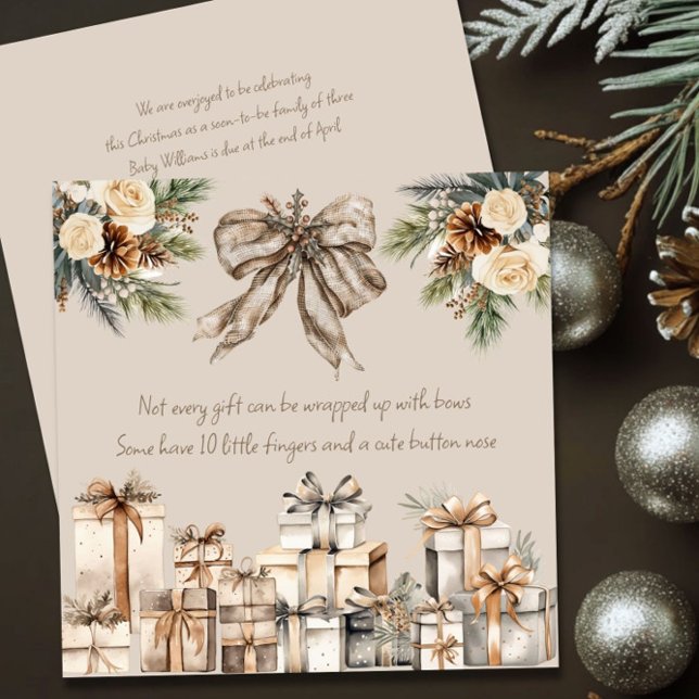 Neutral Christmas Pregnancy Poem Brown Bow Holiday Card (Cute Poem Rustic Christmas Card Pregnancy Announcement by Darling & May)