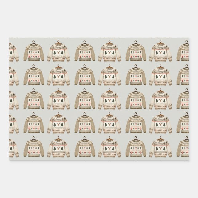 Neutral Christmas Sweater Nutcracker Monogram Wrapping Paper Sheet (Front)