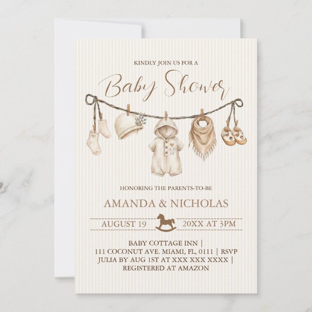 Neutral Clothes Baby Shower Striped Invitation (Front)