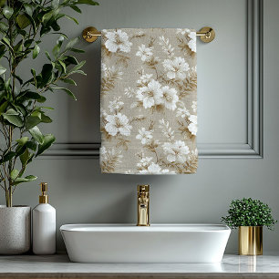 Neutral Colors White Flowers Elegant Bath Towel