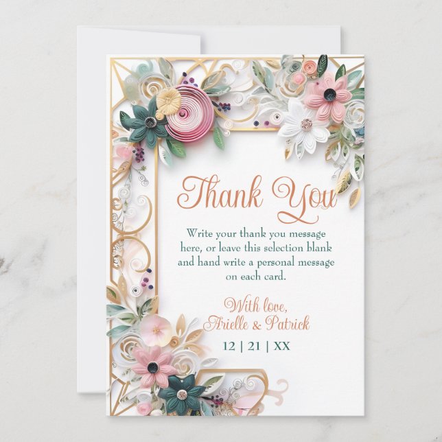 Neutral Colour Floral Wedding Paper Quilling Frame Thank You Card (Front)