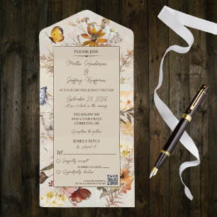 Neutral Colour Wildflowers on Beige with QR Code All In One Invitation