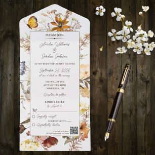 Neutral Colour Wildflowers on White with QR Code All In One Invitation