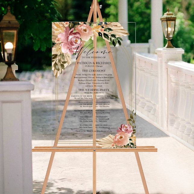 Neutral Colours Boho Floral Wedding Program Acrylic Sign (Creator Uploaded)