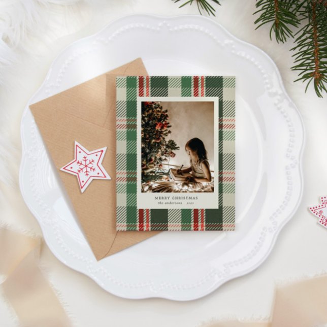 Neutral Colours Plaid Minimalist Photo Holiday Car Card (Creator Uploaded)