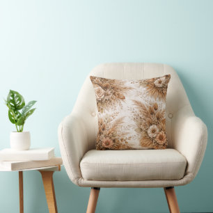 Neutral Cream & Caramel Boho Floral Pattern Cushion
