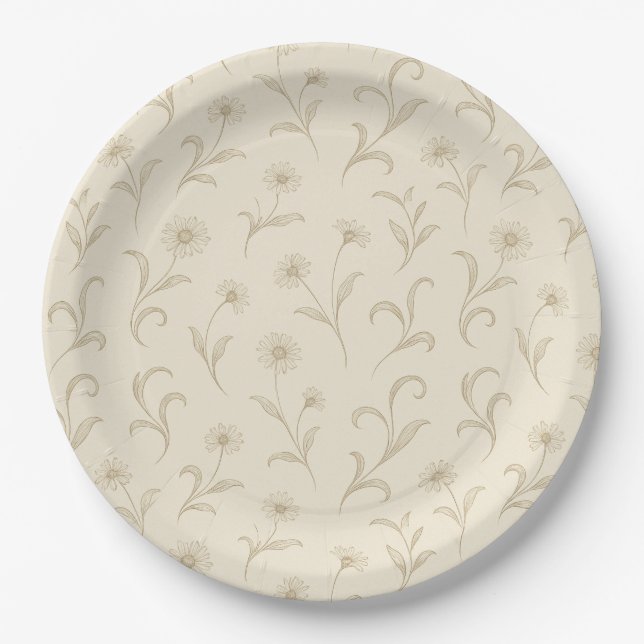 Neutral Cream Dainty Flower Botanical Print  Paper Plate (Front)