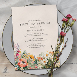 Neutral Cream Rustic Floral   Boho Birthday Brunch Invitation