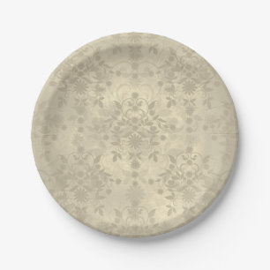 Neutral Cream Tan Double Damask Pattern Paper Plate