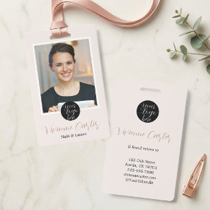 Neutral Cream Tan Script Logo Photo Nail Salon ID Badge