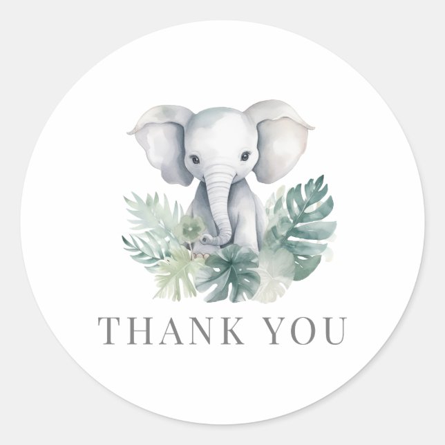 Neutral Cute Elephant First Birthday Thank You Classic Round Sticker (Front)