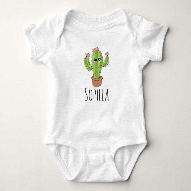 Neutral Cute Kawaii Cactus Plant and Name Baby Bodysuit (Front)