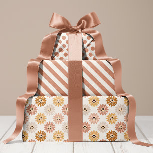 Neutral Daisy Floral Stripes Polka Dot Wrapping Paper Sheet