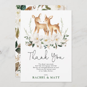 Neutral Deer Twins Ivory Floral Greenery Baby Fawn Thank You Card