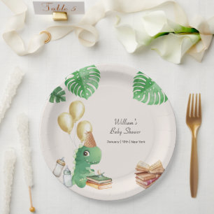 Neutral Dinosaur Storybook Balloon Baby Shower Paper Plate