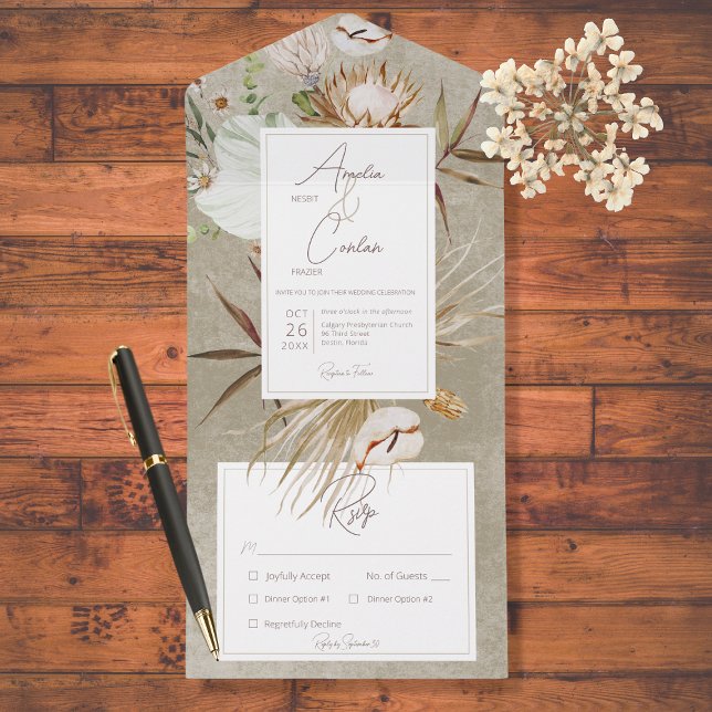 Neutral Dried Boho Floral Frame Sage Dinner All In One Invitation (Creator Uploaded)