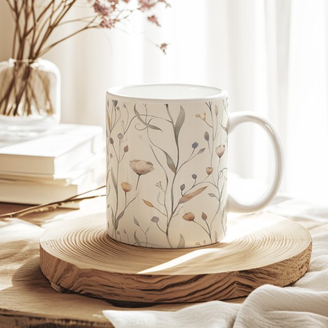 Neutral Dry Watercolor Wildflowers Pattern Coffee Mug (Neutral Dry Watercolor Wildflowers Pattern Coffee Mug on a sunny neutral boho kitchen table.)