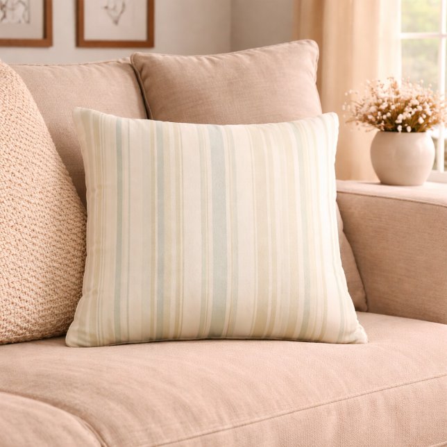 Neutral Dusty Blue Striped Rustic Farmhouse Cushion (Creator Uploaded)