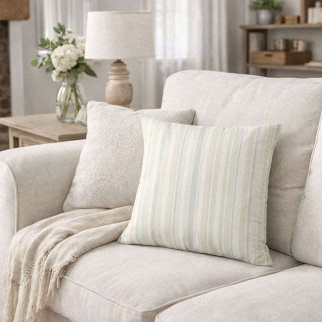 Neutral Dusty Blue Striped Rustic Farmhouse Cushion (Creator Uploaded)