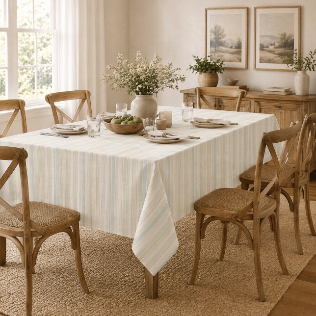 Neutral Dusty Blue Striped | Rustic Farmhouse Tablecloth (Creator Uploaded)
