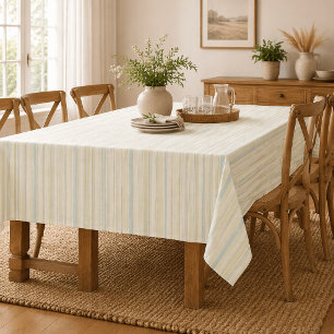 Neutral Dusty Blue Striped   Rustic Farmhouse Tablecloth