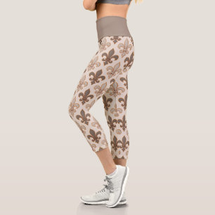 Neutral Earth Royal Fleur-de-lis Style Capri Leggings