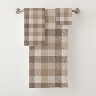 Neutral Earth Tan Chequered Gingham Plaid Bath Towel Set