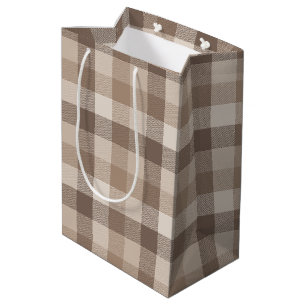 Neutral Earth Tan Chequered Gingham Plaid Medium Gift Bag