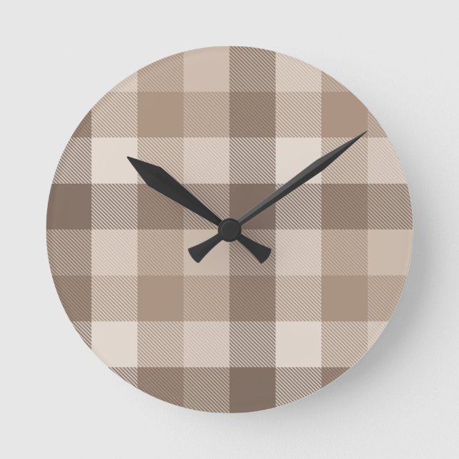Neutral Earth Tan Chequered Gingham Plaid  Round Clock (Front)
