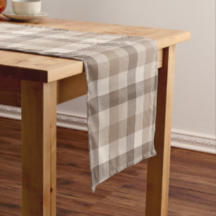 Neutral Earth Tan Chequered Gingham Plaid Short Table Runner