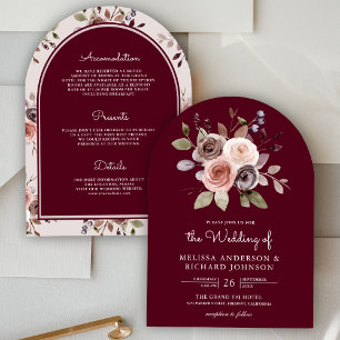 Neutral Earthy Floral All In One Burgundy Wedding Invitation
