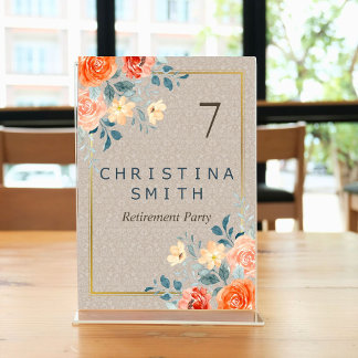 Neutral Earthy Floral Watercolor Retirement Party Table Number