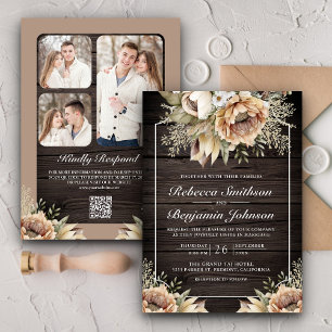 Neutral Earthy Taupe Floral Wood QR Code Wedding Invitation