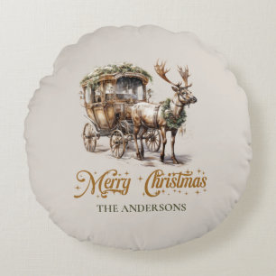 Neutral earthy tones green and gold Reindeer  Round Cushion