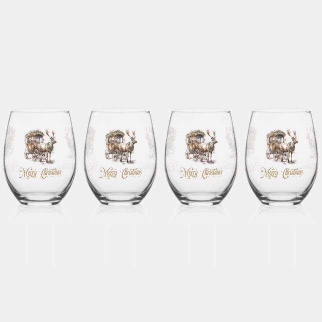 Neutral earthy tones green Christmas Reindeer Stemless Wine Glass (Left)