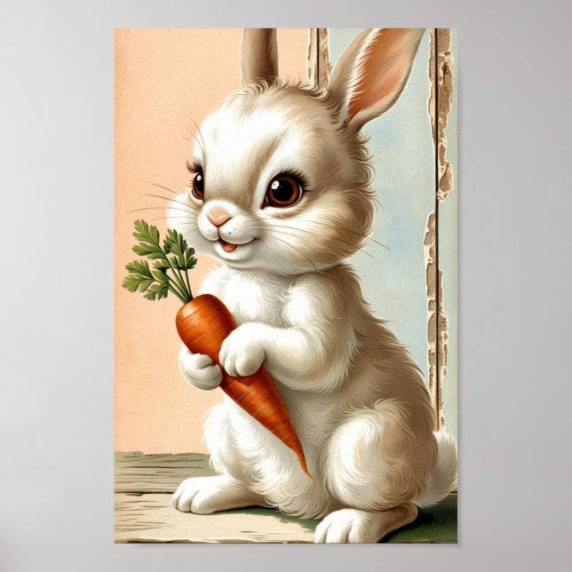 Neutral Easter Bunny & Carrot Art Poster (Front)