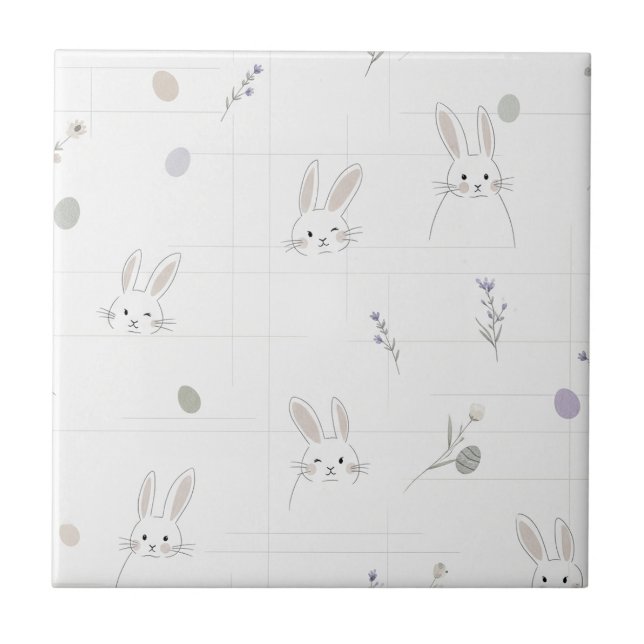 Neutral Easter Bunny Pastel Floral Pattern Ceramic Tile (Front)