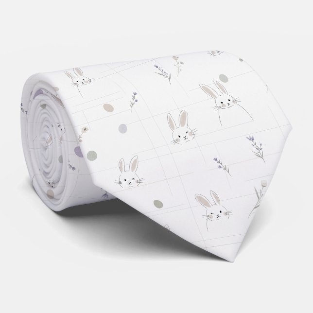 Neutral Easter Bunny Pastel Floral Pattern Tie (Rolled)