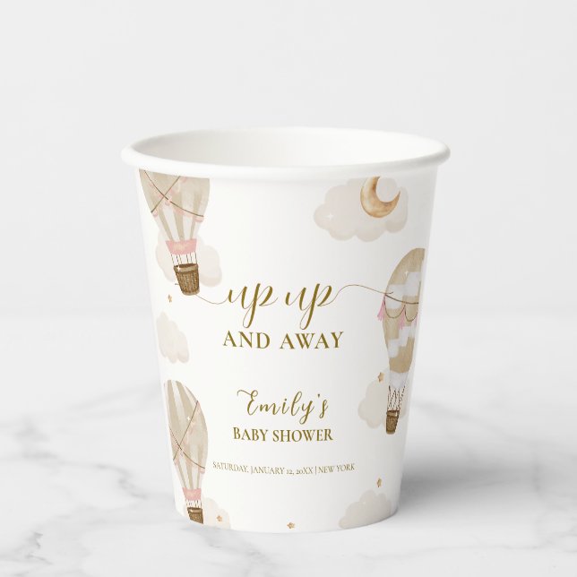 Neutral Elegant Boho Hot Air Balloon Baby Shower  Paper Cups (Front)