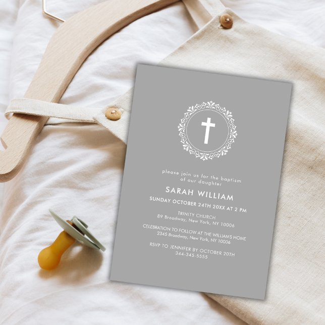 Neutral Elegant Classic Cross Wreath Baptism  Invitation (Neutral Elegant Classic Cross Wreath Baptism Invitation)