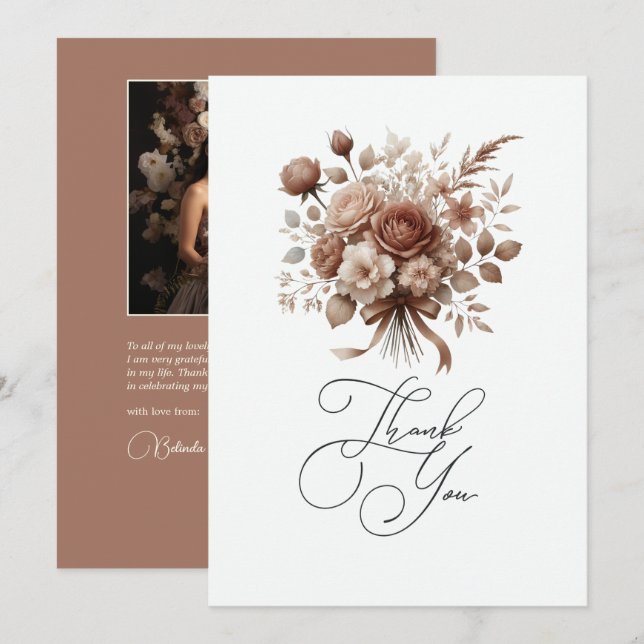 Neutral Elegant Mocha Mousse Floral Thank You Card (Front/Back)