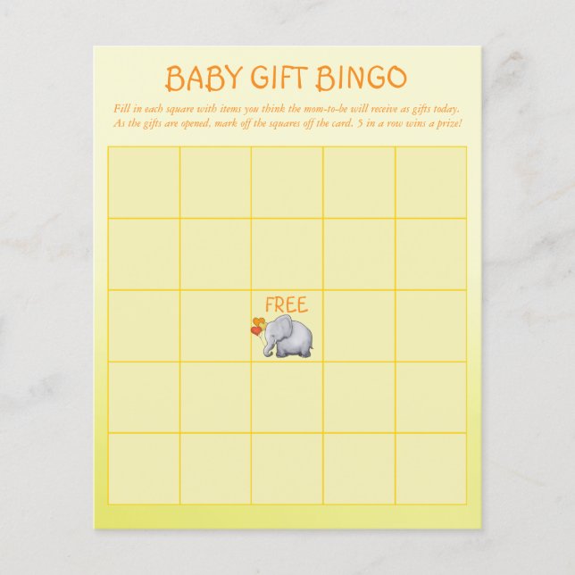 Neutral Elephant Baby Shower Baby Gift Bingo Game Flyer (Front)