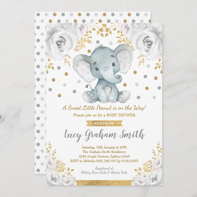 Neutral Elephant Baby Shower Gold Grey Floral Invitation (Front/Back)