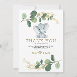 Neutral Elephant Botanical Greenery Baby Shower Thank You Card